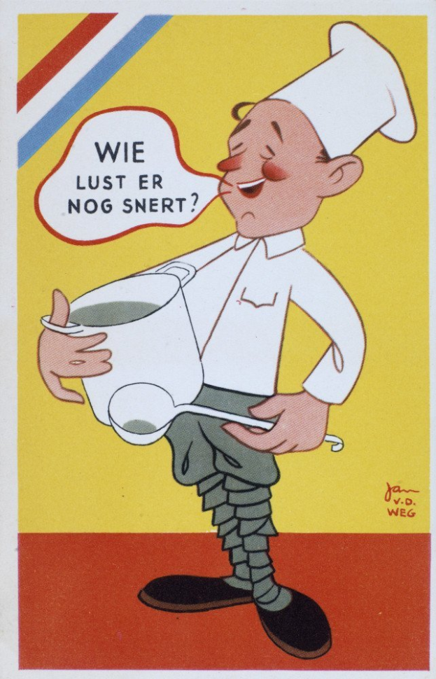 Ein Cartoon-Koch in weißer Uniform und Mütze, der fröhlich eine Schüssel und einen Löffel hält, in einer Küche mit Herd und Spüle im Hintergrund.
