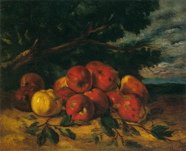 Ein Gemälde mit dem Titel "Naturstillleben mit Äpfeln und Birnen" von St. Pelagre, das ein Stillleben von Äpfeln und Birnen auf einem Tisch mit einem Baum und einem wolkenverhangenen Himmel im Hintergrund zeigt.