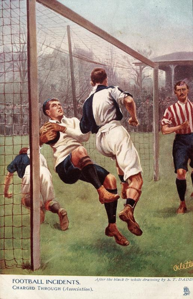 Ein Gemälde von Männern, die auf einem Feld mit einem Netz, Bäumen, einem Gebäude und einem klaren blauen Himmel Fußball spielen; der Text unten lautet "Fußballvorfälle durch Verband verhandelt"