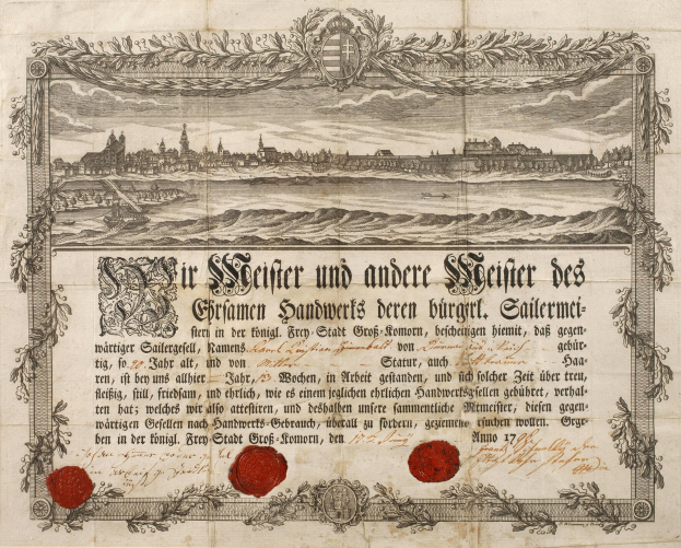 Altes Dokument mit einer Stadtillustration, Text und zwei rote Wachssiegel.