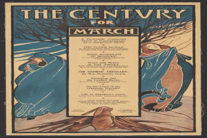 Ein Vintage-Poster mit schwarzem Hintergrund, das zwei Personen in weißen und blauen Kleidern zeigt, die nebeneinander stehen, sowie ein Kaninchen mit aufgerichteten Ohren und einem wedelnden Schwanz, mit der Aufschrift "Das Jahrhundert für März" oben.