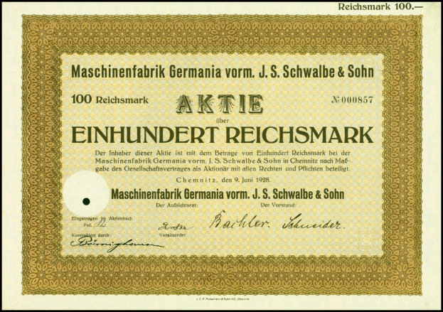 Ein altes deutsches Aktienzertifikat mit goldener Einfassung und fetter Schrift, gerahmt mit einem schwarzen Rand.