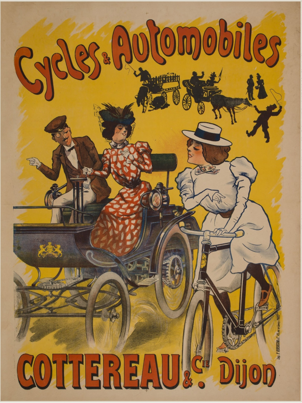 Plakat, das Fahrräder und Automobile in Cottereau und Dijon, Frankreich, bewirbt, zeigt Menschen, die Fahrräder fahren und eine Kutsche mit dem Text "Fahrräder und Automobile" oben drauf.