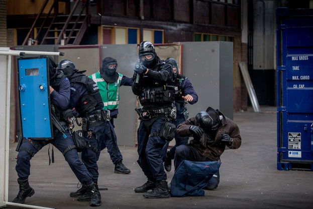 Polizeibeamte in Einsatzausrüstung stehen in einer Reihe vor einem Gebäude, mit einer Person im Vordergrund auf dem Boden.