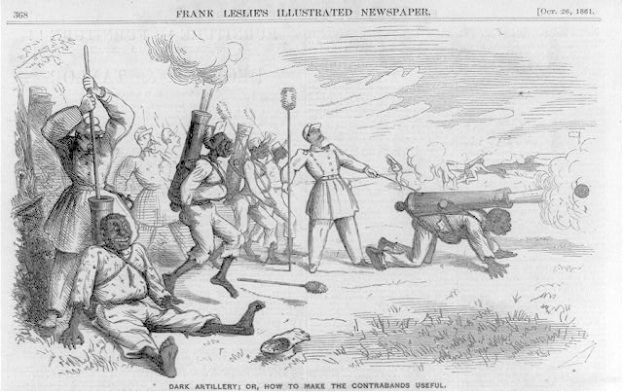 Ein Schwarz-Weiß-Cartoon von Männern in einem Feld, einige halten Gewehre und andere liegen am Boden, mit dem Text "Dunkle Artillerie oder Wie man die Kontrabande nutzbar macht" oben und unten.