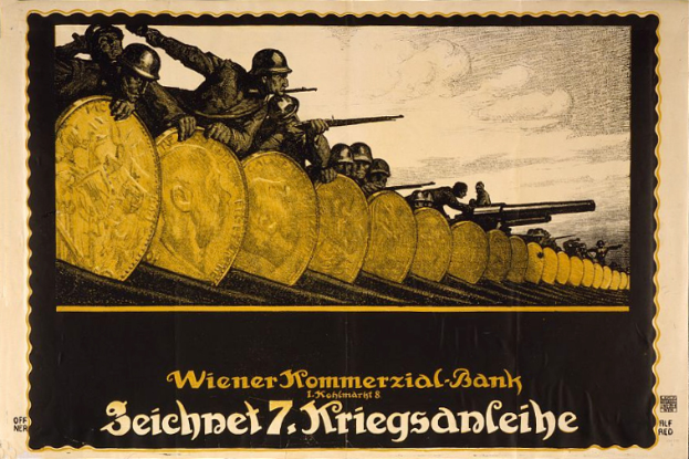 Eine Gruppe von Helmi tragenden Individuen mit Waffen, mit dem Text "Wiener Kommmerzial Bank" unten auf einem deutschen Weltkriegspropagandaplakat der deutschen Armee.