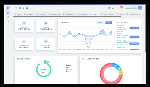 Laptop-Bildschirm mit einer Finanzmanagement-Dashboard-Ansicht mit Graphen und Text auf einem weißen Hintergrund mit einem blauen Header.