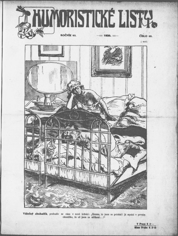 Schwarze und weiße Zeichnung einer Person, die auf einem Bett liegt, mit einem Spiegel auf einem Tisch und einem Rahmen an der Wand, begleitet von Text, der "humoristicke list - tschechien - april 20, 1920" liest.