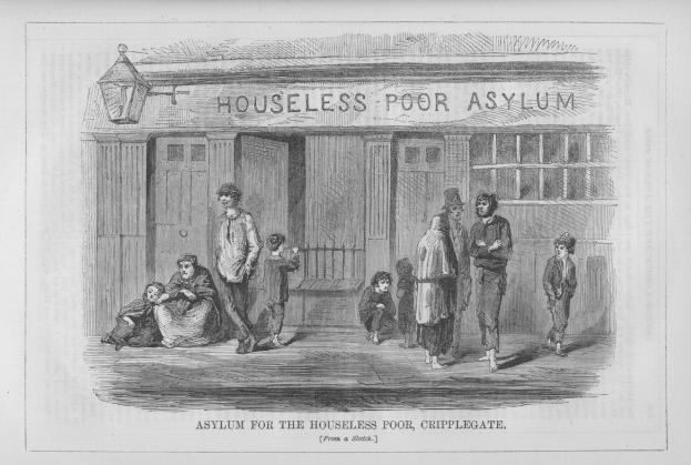 Schwarzes und weißes Zeichnung eines Grüppchens von Menschen, die vor einem Gebäude mit der Aufschrift "Asyl für die Armen und Behinderten" stehen.