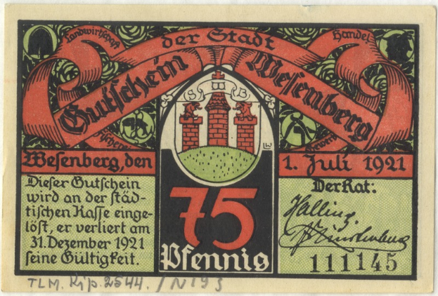 Eine alte deutsche Banknote mit einem Gebäude darauf, Text 'Bundesliga' und Logo unten, auf weißem Hintergrund.