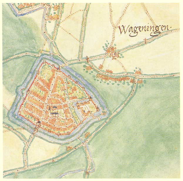 Ein detaillierter Stadtplan von Wageningen, Deutschland, der Straßen, Gebäude und Sehenswürdigkeiten zeigt, mit Text, der zusätzliche Informationen bereitstellt.