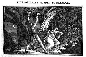 Eine Schwarz-Weißllustration eines Mannes und einer Frau in einem Wald mit Bäumen im Hintergrund, mit dem Text "Überraschender Mord in Ratison" oben und unten.