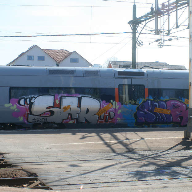 Ein Zug mit Graffiti und sichtbaren Kabeln, mit Häusern und Fenstern im Hintergrund.