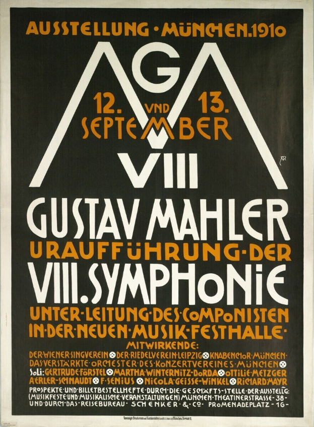 Plakat für das sinfonische Konzert von Gustav Mahler in München, Deutschland, das in der Mitte des Bildes mit Text zu sehen ist.