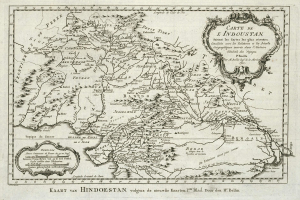 Ein altes Indien- und Himalaya-Karte, detailliert mit geografischen Merkmalen wie Flüssen, Bergen und Städten, mit Text in einer klassischen Schriftart.