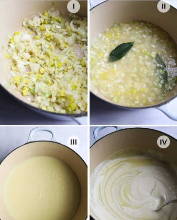 Collage aus vier Fotos, die die Schritte des Suppe-Kochens zeigen: geschnittene Gemüse in einer Schüssel, hinzugefügte Zutaten, gemischtes Gemüse in einem Topf und die fertige Suppe zum Servieren.