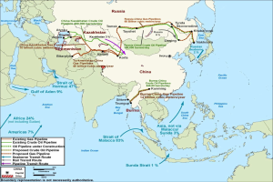 Detailierte Weltkarte als Poster, die geplante Öl- und Gasleitungen zeigt, einschließlich Routen durch Länder, wichtige Städte, Gewässer und erklärenden Text.