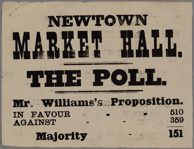 Papier mit handgeschriebenem Text, der "Newtown Market Hall, die Wahl, Mr. Williams' Vorschlag gegen die Mehrheit" liest.