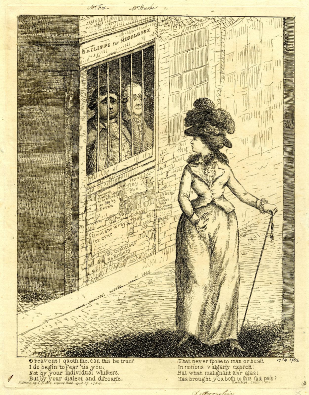 Eine Frau steht vor einer Zelle und hält einen Stock in der Hand, mit inhaftierten Personen drinnen; Text erscheint unten.