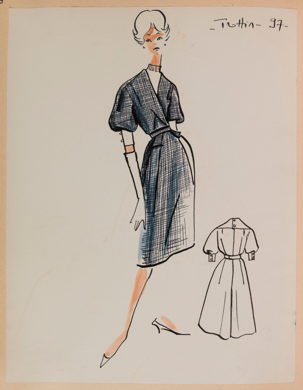 Eine Zeichnung einer Frau in einem Kleid im Stil der 1960er Jahre mit einem Kragen, langen Ärmeln und einem Plisseerock, die mit ausgestreckten Armen und leicht geneigtem Kopf steht, mit dem Text "1960er Jahre" auf dem Papier.