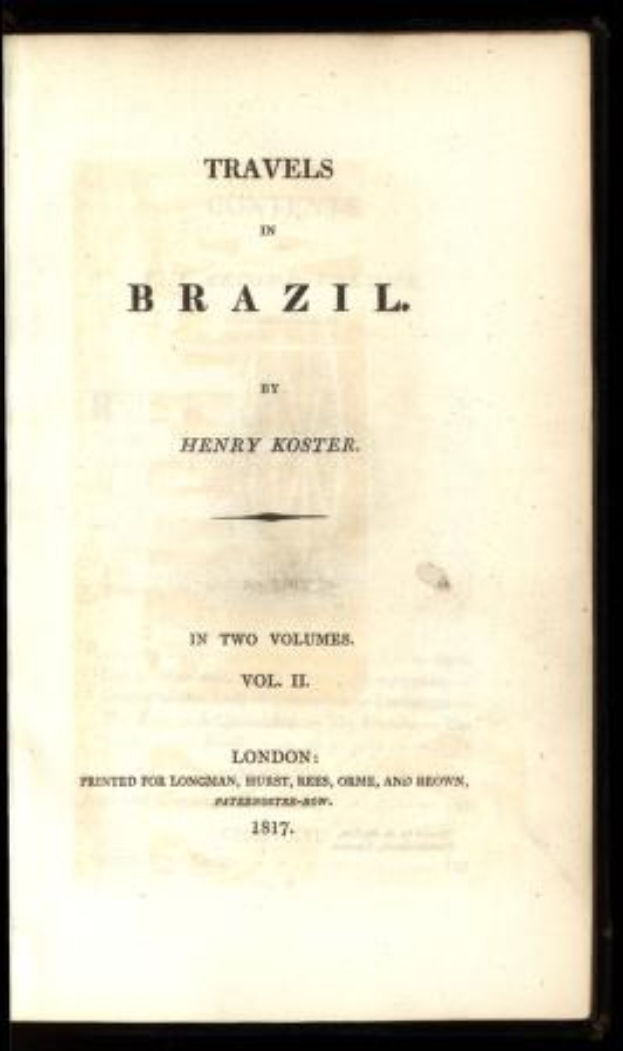 Ein aufgeschlagenes Buch mit dem Titel "Reisen in Brasilien von Henry Koster" und einer detaillierten Illustration einer Landkarte von Brasilien auf einer Seite, vor einem hellblauen Himmel mit vereinzelten weißen Wolken.