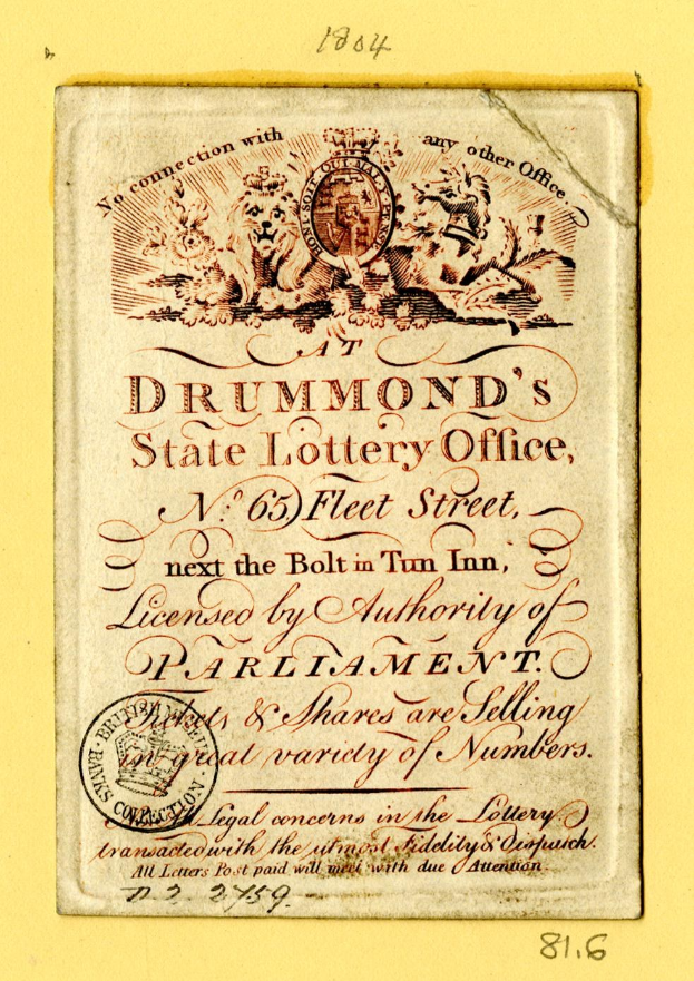 Altes Buch mit gelbem Hintergrund und einem Stempel, Text auf dem Papier lautet "Drummond's State Lottery Office".