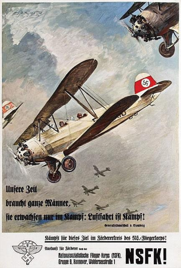 Deutsches Weltkriegs-Propagandaplakat mit mehreren Kampfflugzeugen in der Luft und Text über ihre Fähigkeiten.