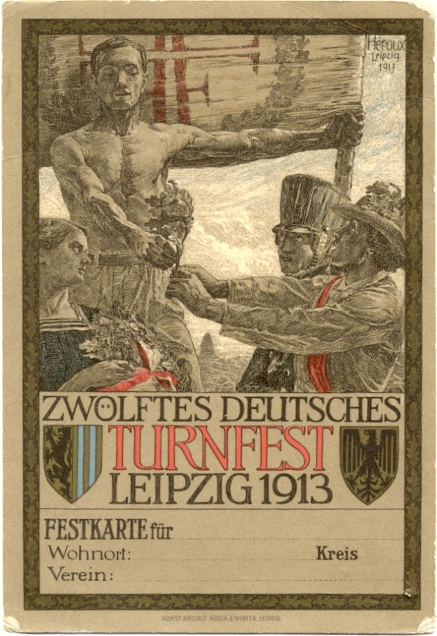 Plakat für das Zwölfte Deutsche Turnfest Leipzig 1913 mit einer zentralen Personengruppe und Text mit Eventdetails