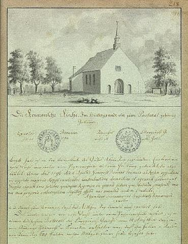 Ein historisches Dokument namens "St. Erasmus Kirche", unterzeichnet von der deutschen Regierung, zeigt eine Zeichnung einer Kirche umgeben von Bäumen und einem Himmel im Hintergrund.