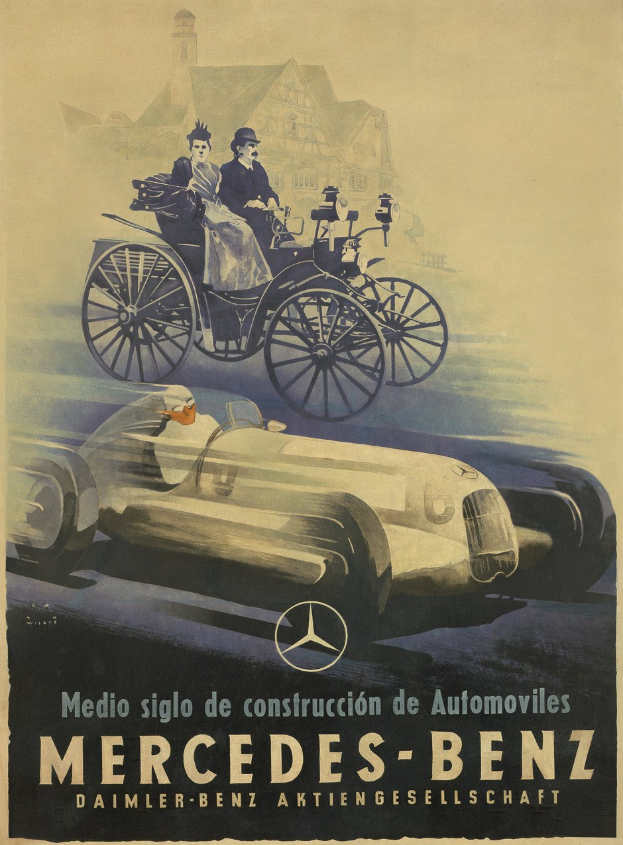 Vintage-Werbung für Mercedes-Benz aus den 1930er Jahren, die ein Plakat mit einem Auto, zwei Personen darin und einem Geb├Ąude im Hintergrund zeigt, begleitet von beschreibendem Text.
