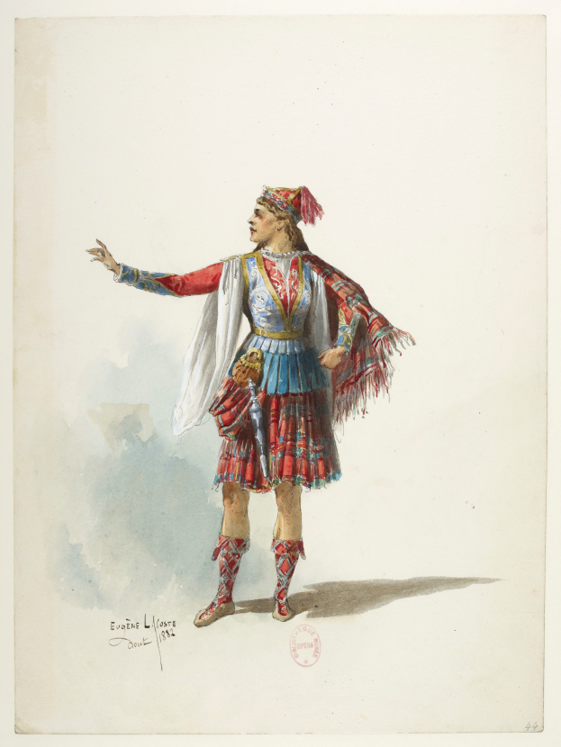 Ein Gemälde eines Mannes in einem farbenfrohen, detaillierten Kostüm mit traditionellem Kilt, hohem Kragen, langen Ärmeln und vollem Rock auf einem Papier mit Textbeschreibung des Kostüms.
