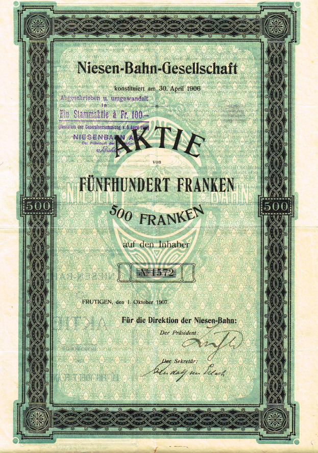 Ein altes deutsches Aktienzertifikat mit grüner Umrandung, das den Text 'Niesen-Bahn-Gesellschaft' trägt und wahrscheinlich von der deutschen Regierung ausgegeben wurde.