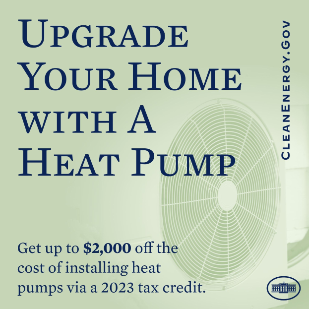 Plakatwerbung für Heizpumpen-Upgrades zu Hause, mit einem Bild einer Heizpumpe und dem Text "Upgrade Your Home with a Heat Pump."
