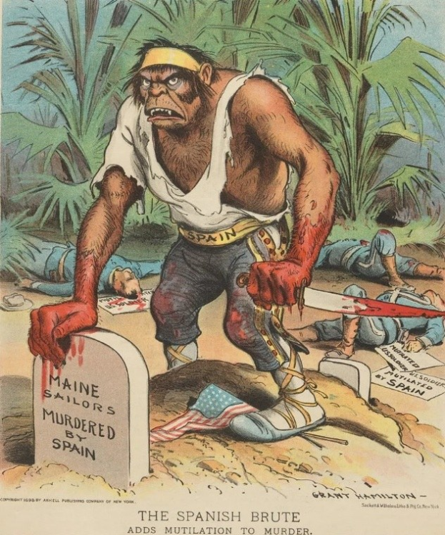 Cartoon, das einen Mann mit einem Messer über einem Grab mit Text zeigt, umgeben von liegenden Gestalten und Bäumen, mit der Bildunterschrift "Der spanische Barbar fügt Verstümmelung dem Mord hinzu" unten.