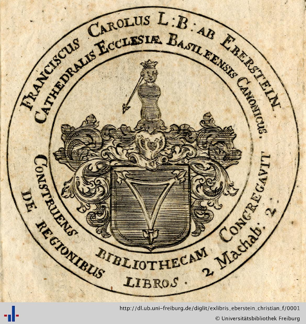 Ein Buch mit einem Wappen, das einen Schild mit einer Krone darauf zeigt, umgeben von einem Lorbeerkranz und einem Banner mit der Aufschrift "Bibliothek", sowie dem Wort "Bibliotheken" darunter.