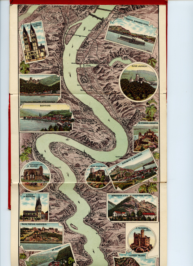 Ein altes Kartenbild des Rheins in Deutschland, umgeben von Illustrationen von Gebäuden, Bäumen und Wasser, das in einem Photo-Rahmen angezeigt wird.