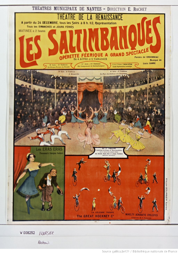 Ein buntes Plakat für das Musical 'Les Saltimbanques' im Theatre de la Renaissance, das eine Zirkusszene mit Künstlern, den Titel in Großbuchstaben oben und eine kurze Beschreibung sowie eine Liste der Namen der Künstler zeigt.