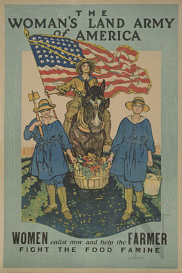 Ein Plakat mit einer Frau auf einem Pferd, die eine Fahne hält, und zwei Frauen vor Körben mit Lebensmitteln, die für den Einsatz von Frauen gegen die Nahrungsmittelknappheit werben.