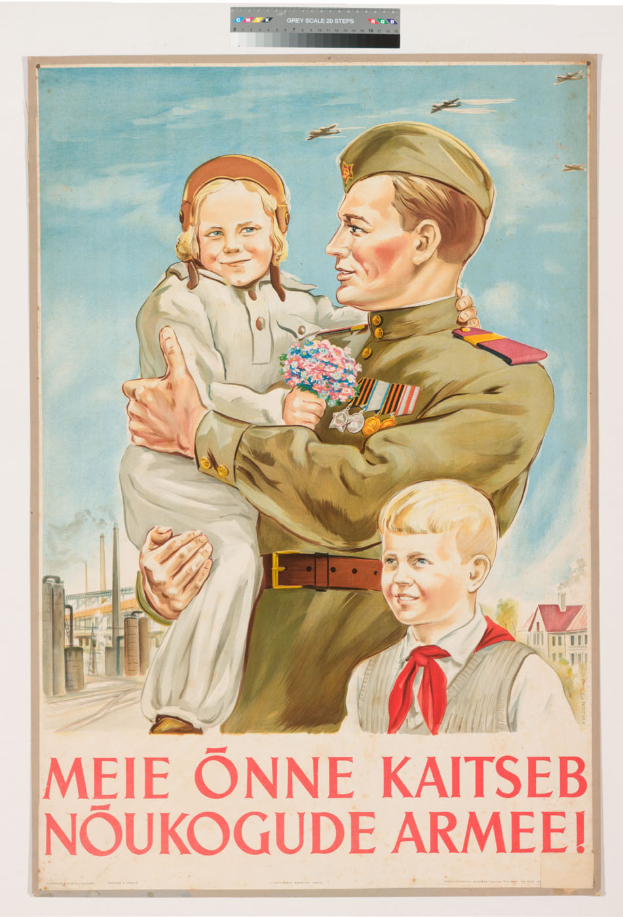 Ein polnischer Weltkriegs-Propagandaplakat, das einen Mann zeigt, der ein Kind h├Ąlt, sowie zwei weitere Kinder davor, begleitet von Text.