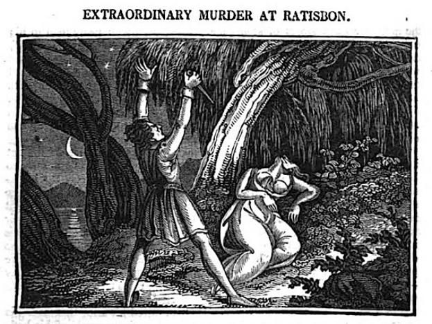 Eine Schwarz-Weißllustration eines Mannes und einer Frau in einem Wald mit Bäumen im Hintergrund, mit dem Text "Überraschender Mord in Ratison" oben und unten.