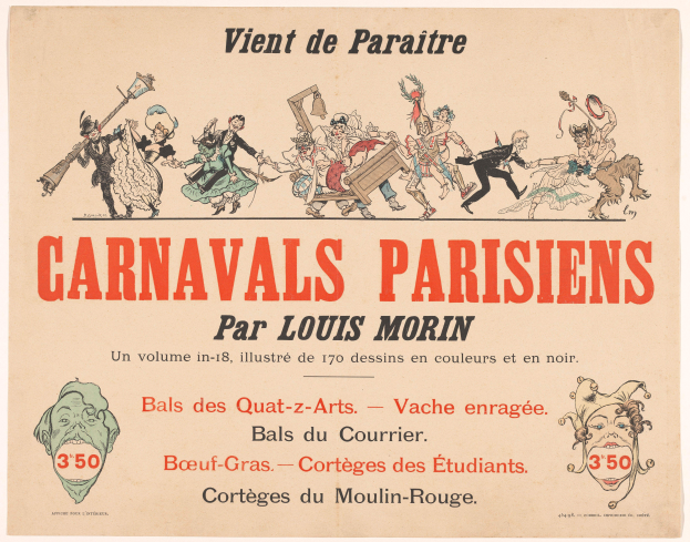 Ein Papier mit dem Titel "Carnivals Parisiens par Louis Morin", das farbenfrohe, detaillierte Entwürfe von Menschen in bunten Kostümen und Masken bei einer lebhaften Karnevalszenen zeigt, mit fetter Schrift, die den Titel betont.