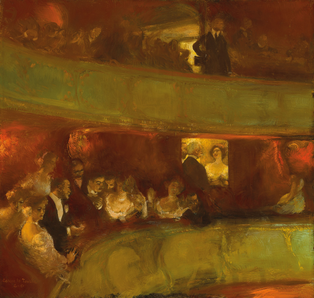 Ein Bild einer bunten Gruppe von Menschen in einem hell erleuchteten Theater, einige stehen, andere sitzen, alle in feiner Kleidung, schaffen eine lebendige und einladende Atmosphäre.