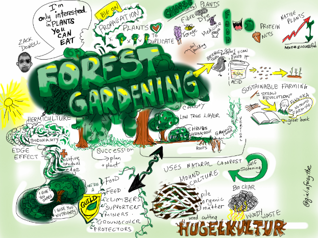 Ein Plakat mit einem Üppigen, grünen Baum mit verschiedenen Blättern und Ästen, auf dem in fetter Schrift "Waldgärtner" steht.