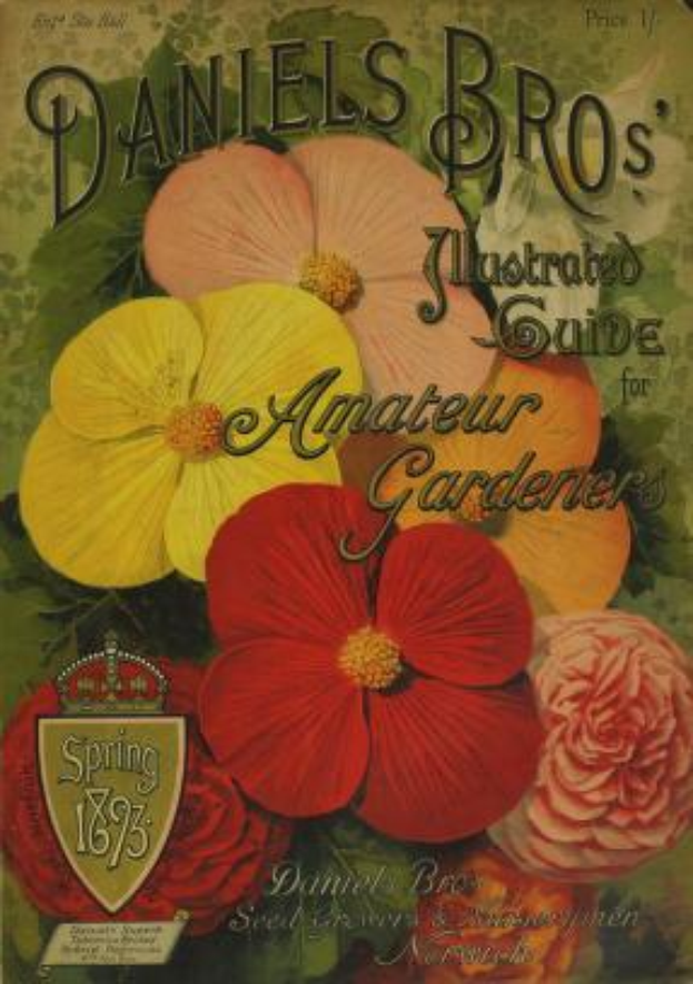 Ein Vintage-Plakat mit dem Titel "Daniel's Bros. Illustrated Guide for Amateur Gardeners" aus dem Frühling 1893, das Text und Illustrationen verschiedener Blumen zeigt.