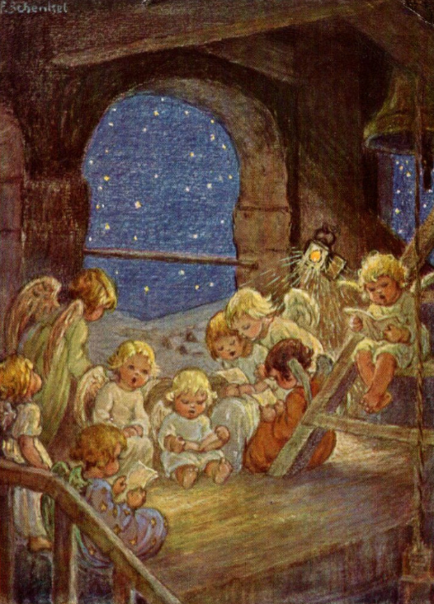Ein Bild einer Krippe mit einem Baby Jesus im Stall, umgeben von Engeln, und mehreren Kindern auf einer hölzernen Plattform in der Vordergrund, eines haltend ein Buch, mit einer Leiter, die zu einem Fenster führt, durch das Sterne am Nachthimmel zu sehen sind.
