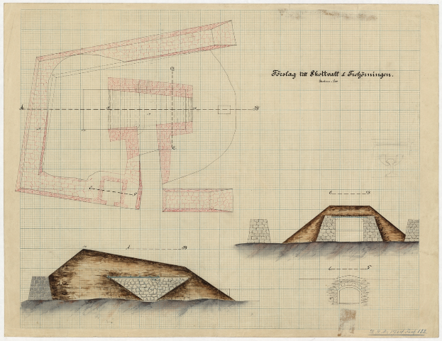 Ein detailliertes architektonisches Zeichnung eines Gebäudes, das mutmaßlich der Bauplan für Schleifertall und Schlossingen ist, mit detaillierten Illustrationen und Texten, die die Struktur beschreiben.