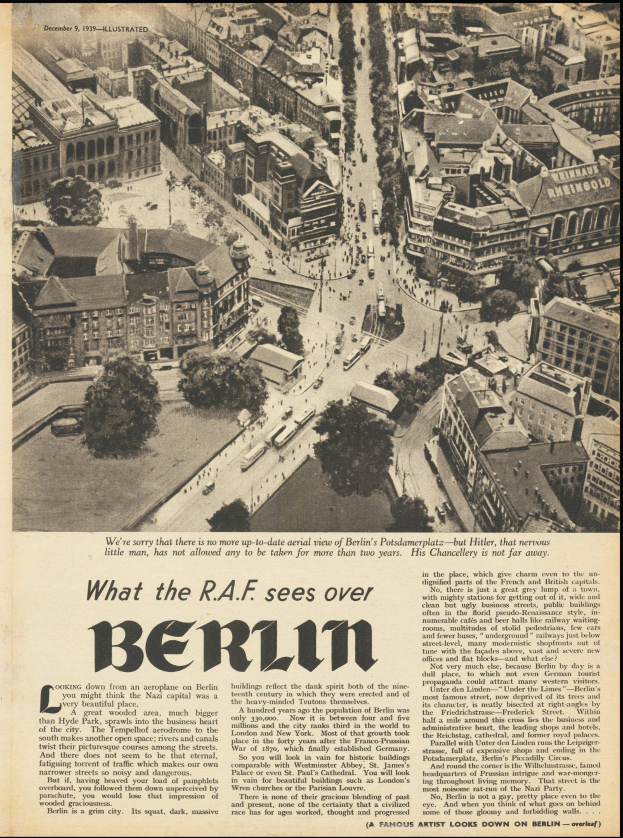 Alte Zeitung mit Schwarz-Weiß-Fotografie eines Stadtpanoramas mit Gebäuden, Bäumen und Fahrzeugen sowie Begleittext.