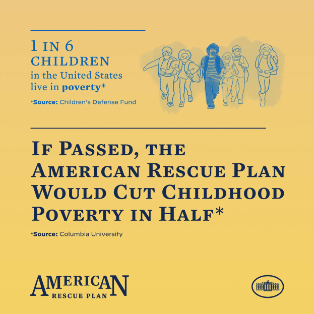 Plakat für den American Rescue Plan, mit dem Text, dass es die Kinderarmut halbieren würde, und einem Bild einer vielfältigen Gruppe von Menschen.