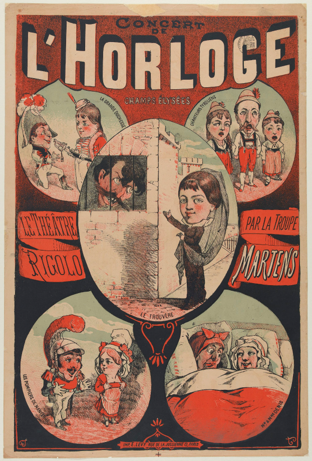 Ein Konzertplakat für das Chorloge Theater in Paris, das eine Gruppe von Menschen in farbenfrohen Kostümen in einer lebendigen Atmosphäre zeigt, umgeben von Text.