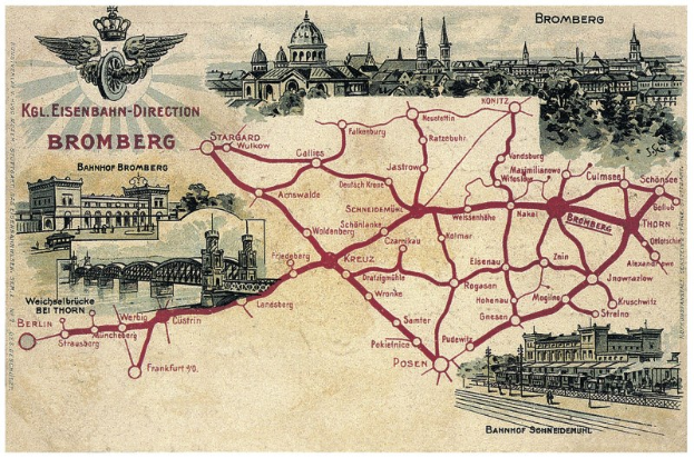 Ein detailliertes Poster mit einer Karte von Bromberg, Deutschland, das Straßen, Gebäude, Bäume, eine Brücke und historischen sowie kulturellen Text enthält.